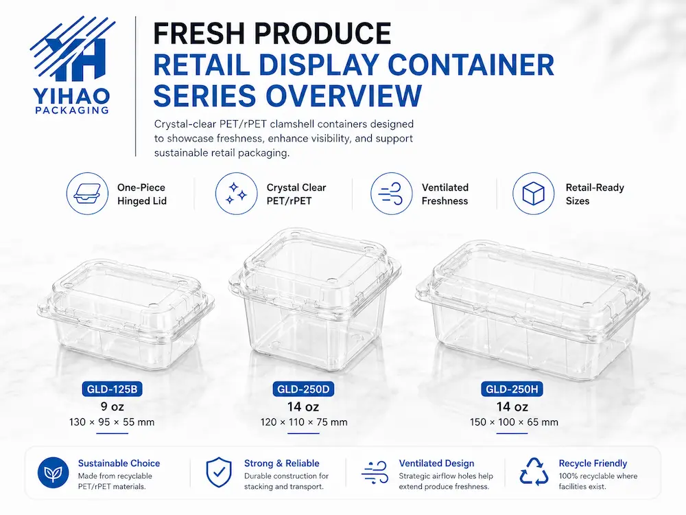 Fresh Produce Retail Display FAQ: Materials, Sizes, Uses, and Ordering Questions 2 Fresh produce retail display container series overview with clear PET rPET clamshell sizes