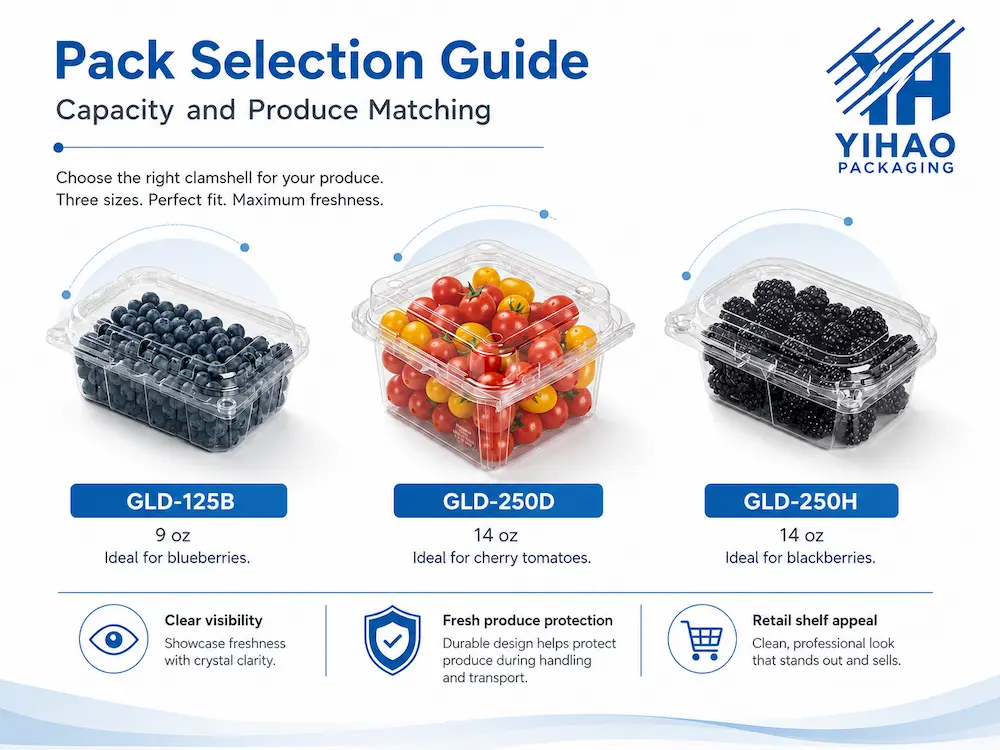 Pack selection guide for clear PET fruit clamshell containers matched with blueberries, cherry tomatoes, and blackberries