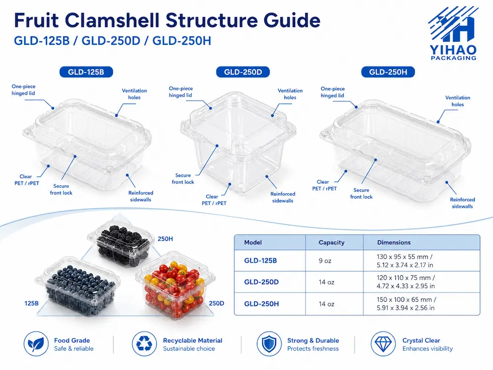 Fruit clamshell structure guide showing hinged lid, ventilation holes, secure front lock, reinforced sidewalls, and clear PET material