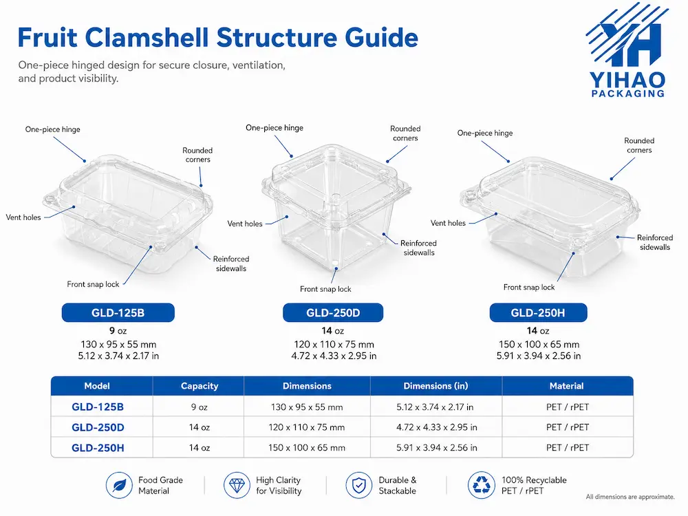 Shelf Life Packaging: Buyer Guide for Food Packaging Teams 2 Fruit clamshell structure guide showing vent holes hinge snap lock and reinforced sidewalls