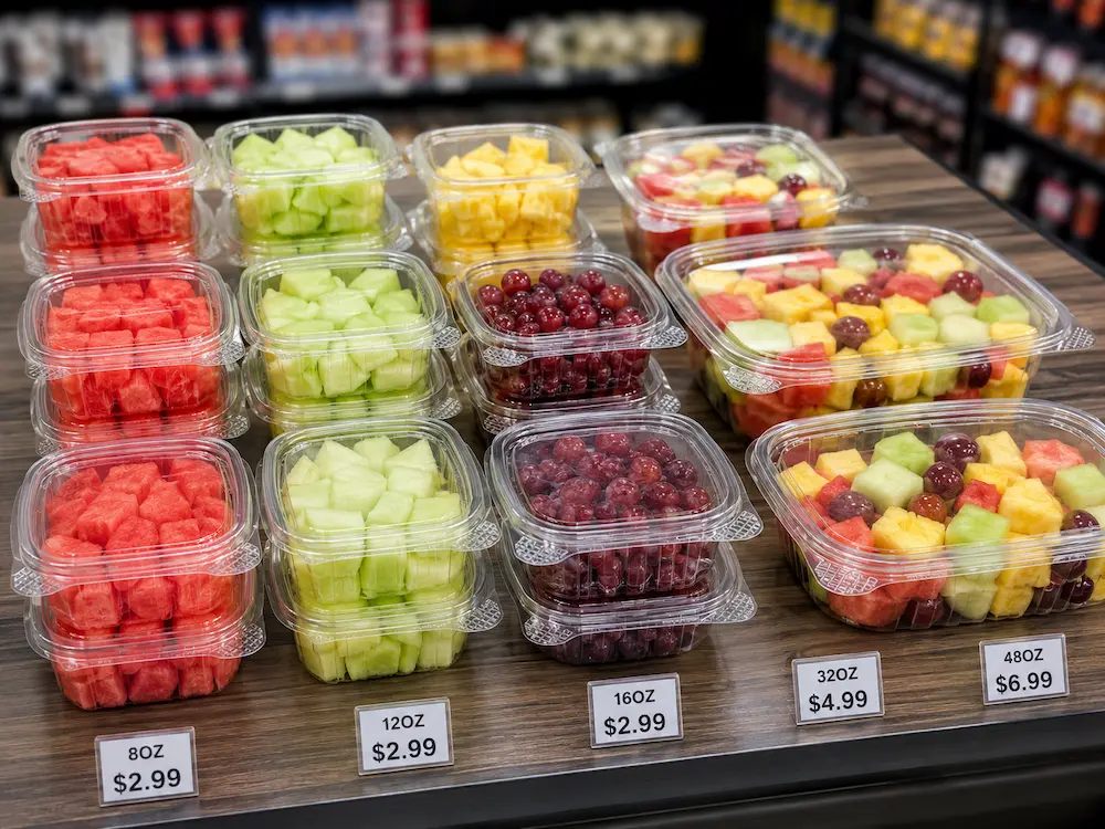 Fruit cup packaging in multiple sizes for convenience store retail display