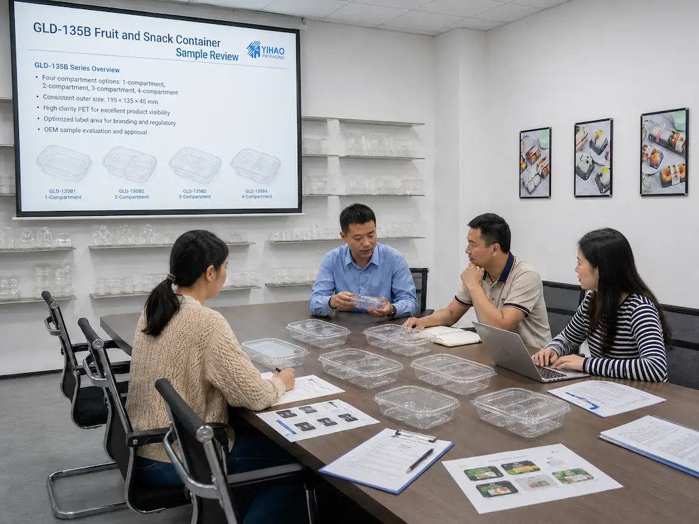 Wholesale Fruit Cup Packaging: Manufacturer and Supplier Checklist 7 Fruit cup packaging supplier sample review meeting for clear PET and rPET container selection
