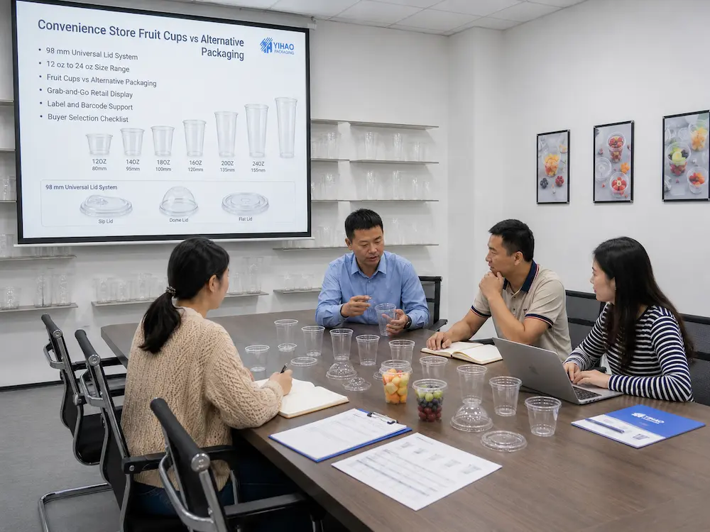 Convenience Store Fruit Cups vs Alternative Packaging: How Buyers Should Choose 7 Packaging supplier meeting reviewing clear PET fruit cups, lid options, and convenience store fruit cup selection.