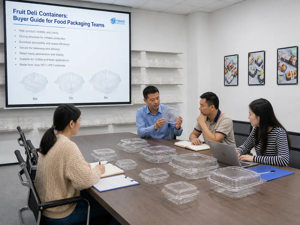 Fruit Deli Containers: Buyer Guide for Food Packaging Teams 1 Food packaging team reviewing clear PET fruit deli containers in a buyer guide meeting