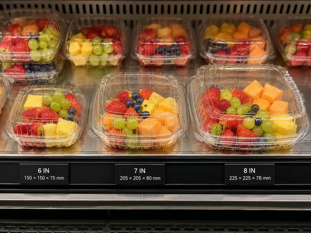 Clear fruit deli containers displayed in a chilled retail shelf for fresh cut fruit