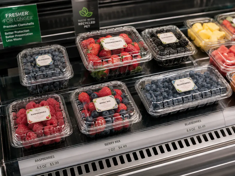Fruit Freshness Packaging for Supermarkets, Cafes, Bakeries, and Foodservice Brands 3 Fruit freshness packaging in clear vented clamshell containers for supermarket berry display