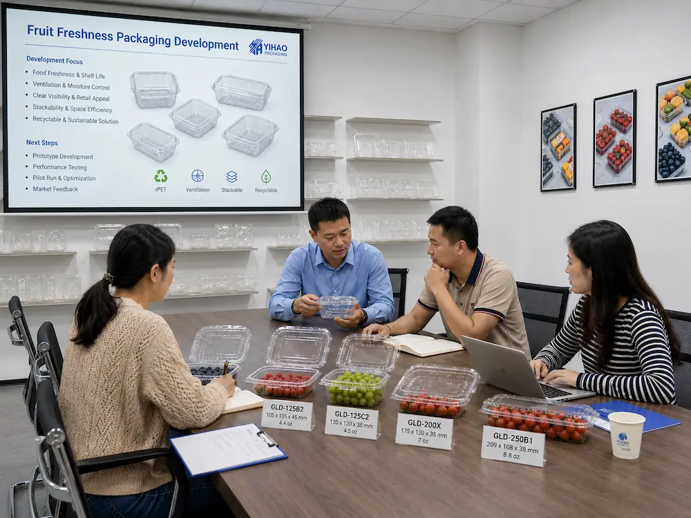 Fruit packaging development meeting with PET clamshell samples and buyer review