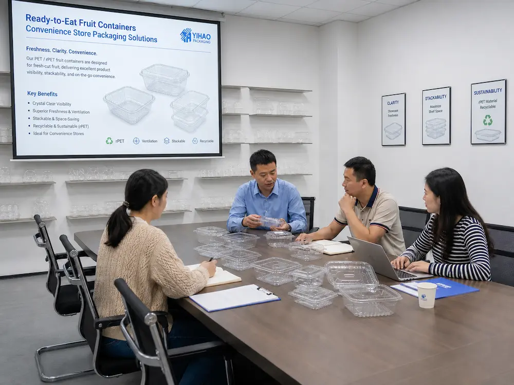 Fruit packaging supplier sample evaluation meeting for convenience store buyers