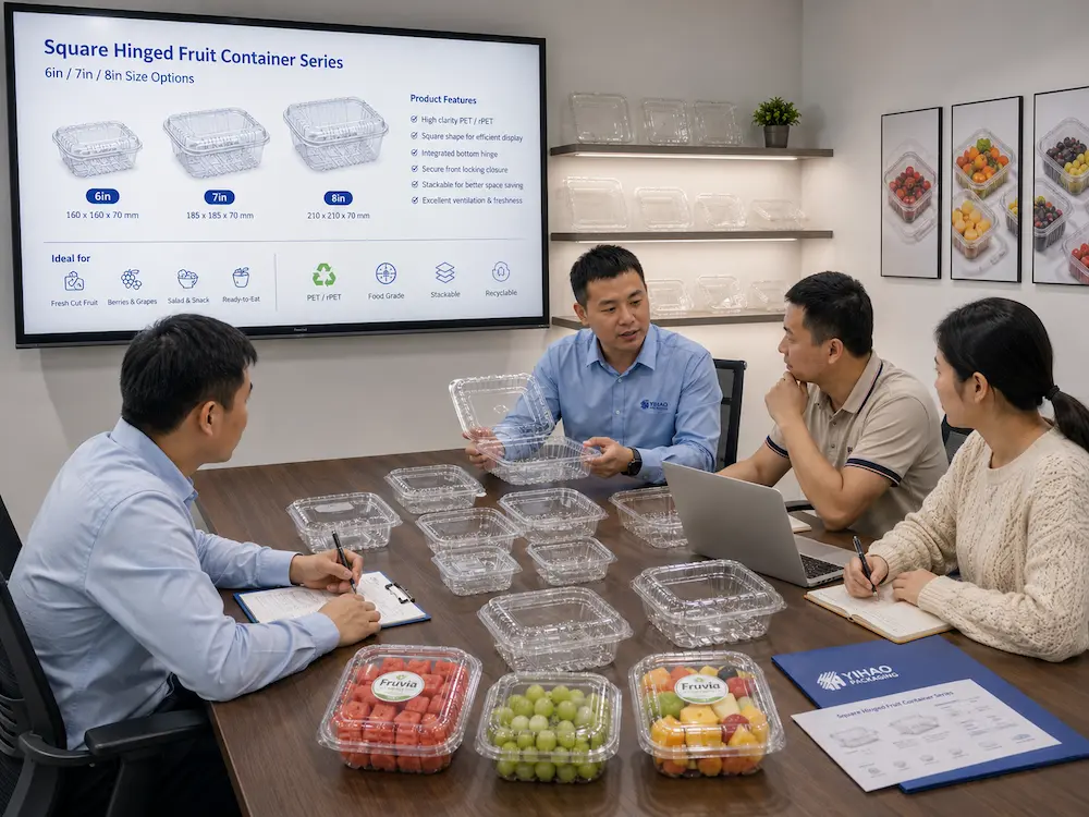Fruit packaging supplier team reviewing clear PET clamshell container samples with buyers