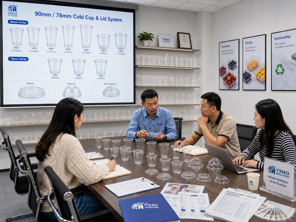 Wholesale Fruit Tea Cups: Manufacturer and Supplier Checklist 8 Fruit tea cup sample testing meeting with clear PET cups and matching lid options