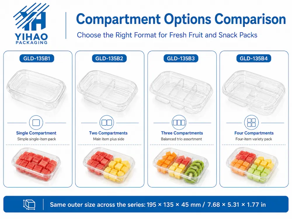 GLD-135B compartment container options comparison for fresh fruit and snack packs