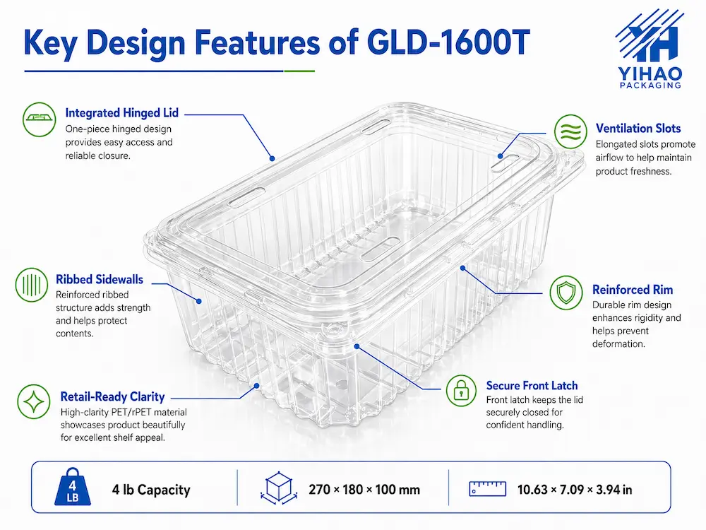 Vented Packaging Design for Fresh Produce, Cafes, Bakeries, and Foodservice Brands 3 Key design features of GLD-1600T clear vented clamshell container with ribbed sidewalls and ventilation slots