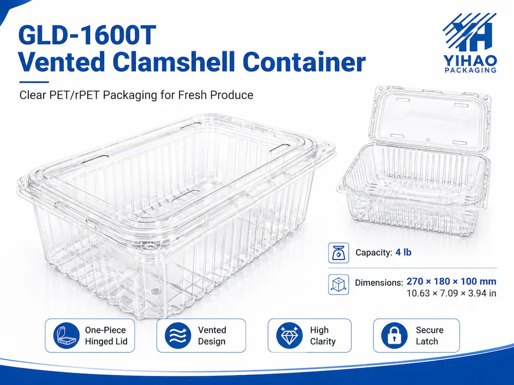 Vented Packaging Design for Fresh Produce, Cafes, Bakeries, and Foodservice Brands 1 GLD-1600T clear PET/rPET vented clamshell container with 4 lb capacity and hinged lid
