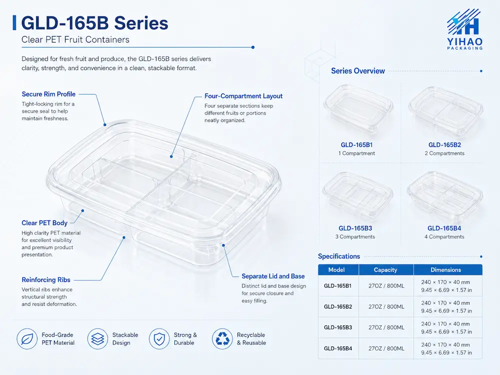 GLD-165B clear PET fruit container series overview showing rim profile compartments and specifications