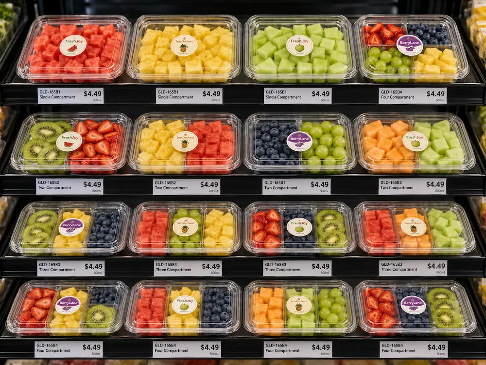 GLD-165B clear PET fruit containers with one to four compartment options in a retail display