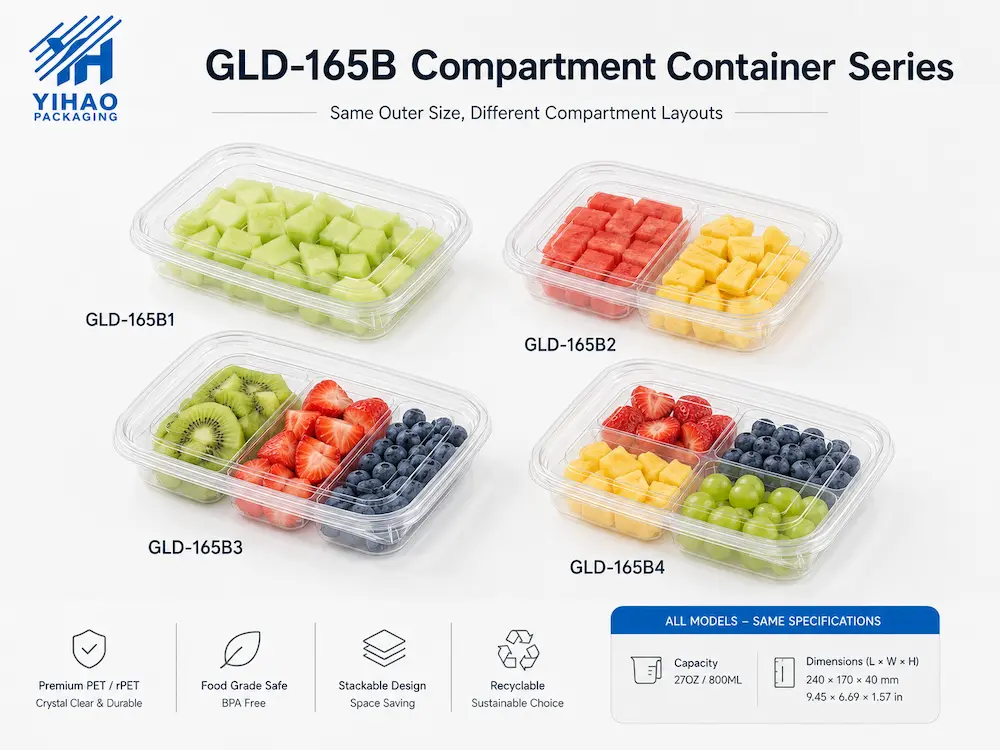 GLD-165B clear PET compartment container series with one to four layout options for fresh-cut fruit packaging