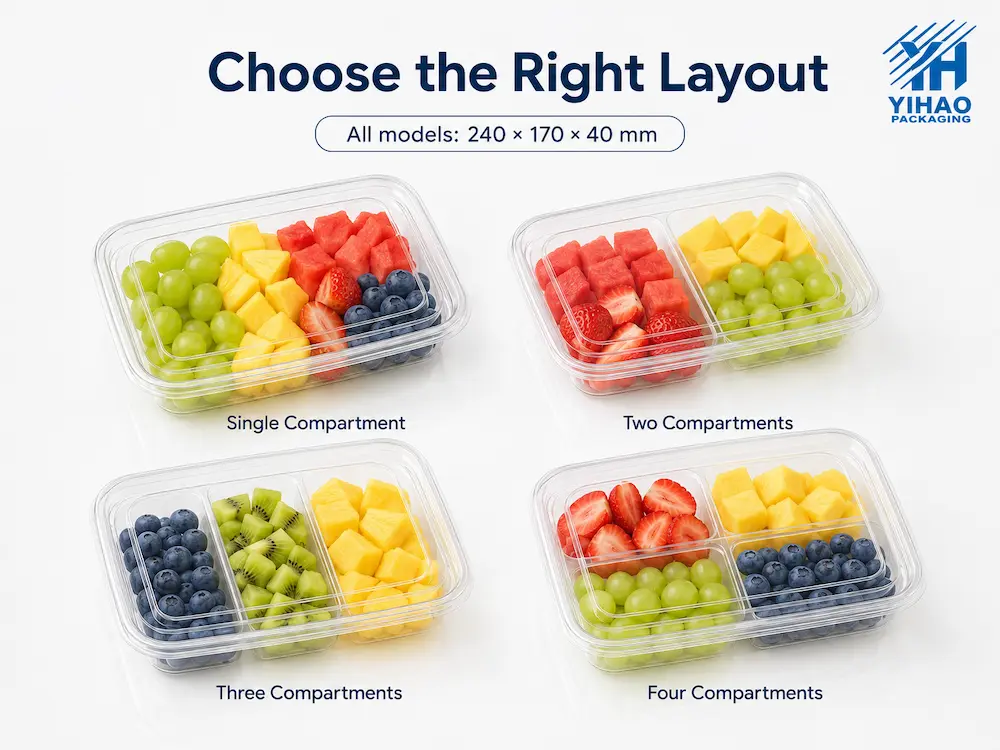PET Fruit Container Design FAQ: Materials, Sizes, Uses, and Ordering Questions 5 GLD-165B PET fruit containers with single two three and four compartment layouts