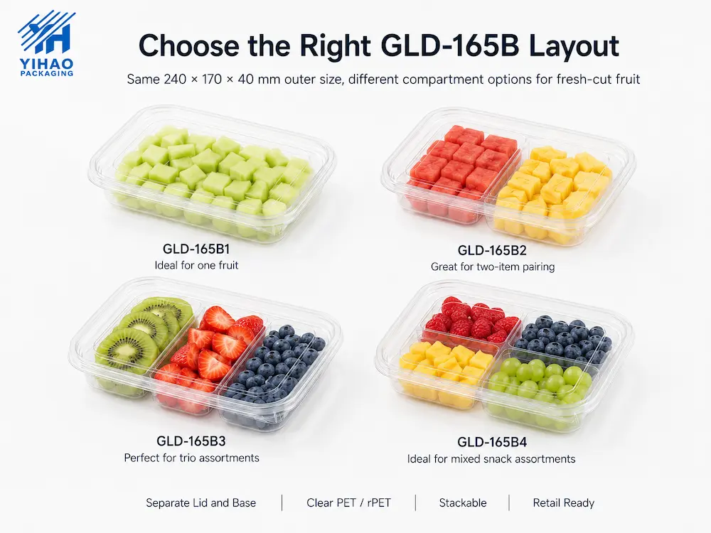GLD-165B fresh-cut fruit tray layout options for one fruit, two-item pairing, trio assortments, and mixed snack packs