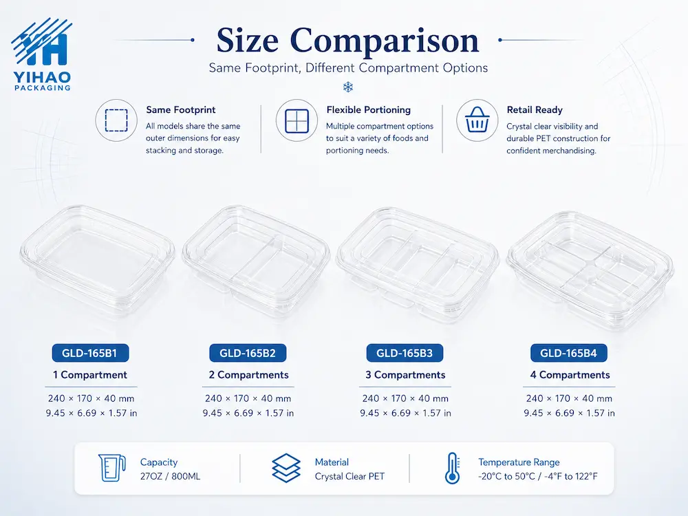 GLD-165B clear PET fruit container size comparison with one two three and four compartment layouts