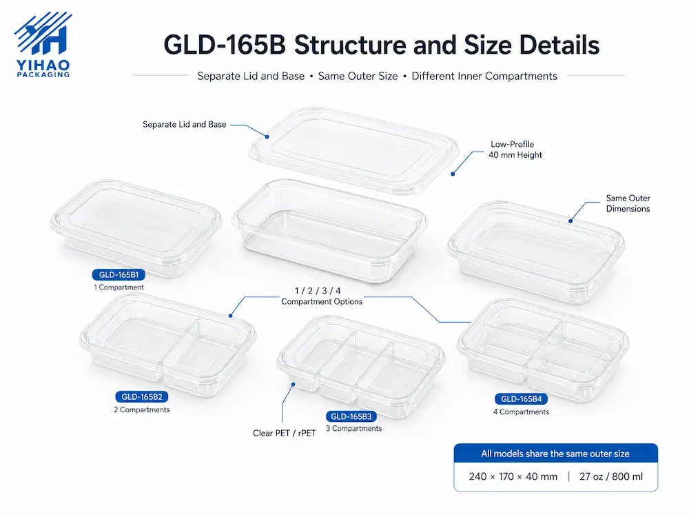 GLD-165B clear PET fruit tray structure showing separate lid and base with multiple compartment options