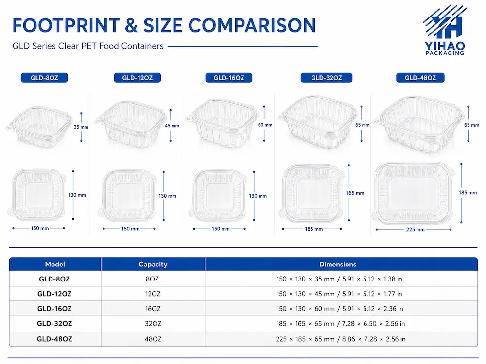 Wholesale Hinged Containers FAQ: Materials, Sizes, Uses, and Ordering Questions 3 GLD series clear PET food containers footprint and size comparison