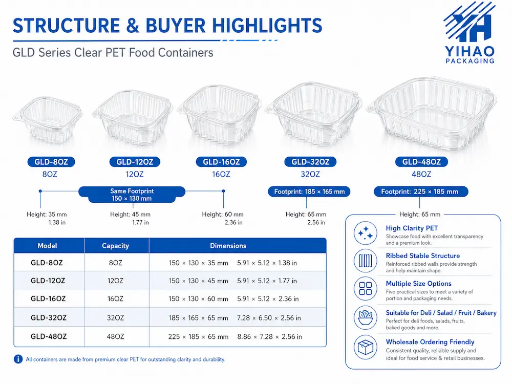 Wholesale Hinged Containers FAQ: Materials, Sizes, Uses, and Ordering Questions 2 GLD clear PET hinged containers structure and buyer highlights