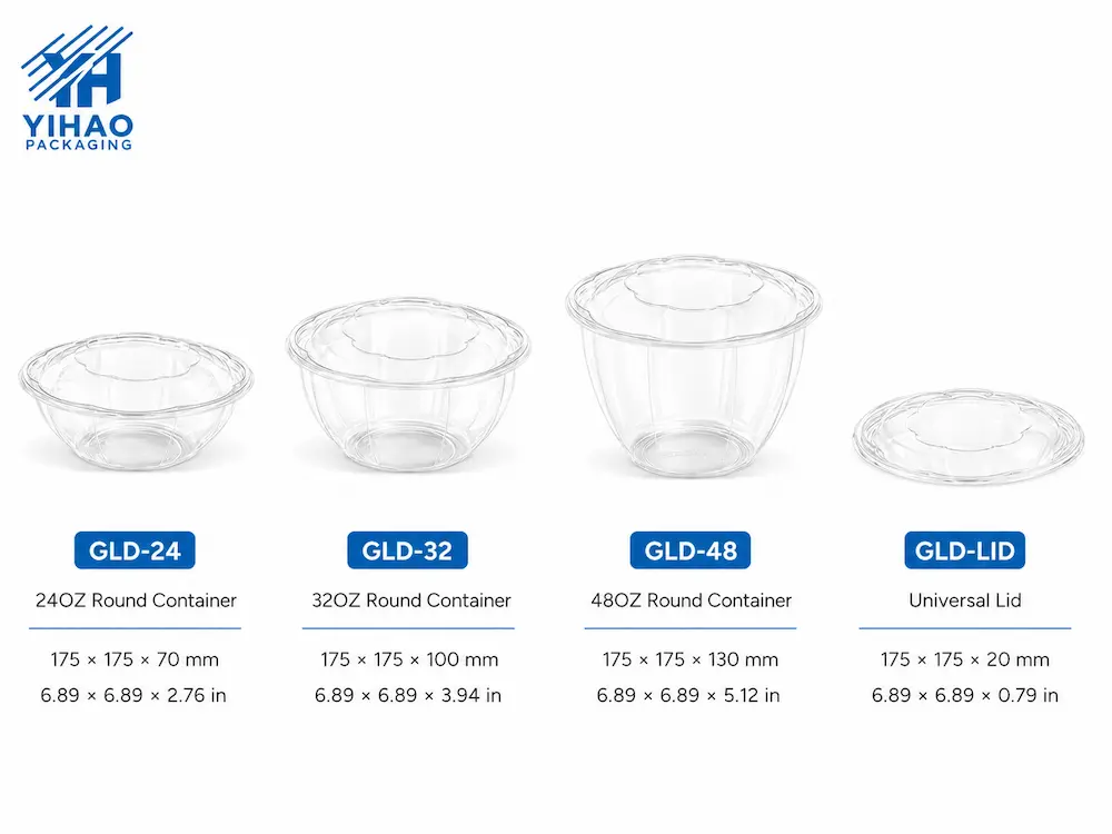 Deli Food Packaging FAQ: Materials, Sizes, Uses, and Ordering Questions 4 GLD round salad bowl size chart showing 24oz, 32oz, 48oz containers and universal lid dimensions
