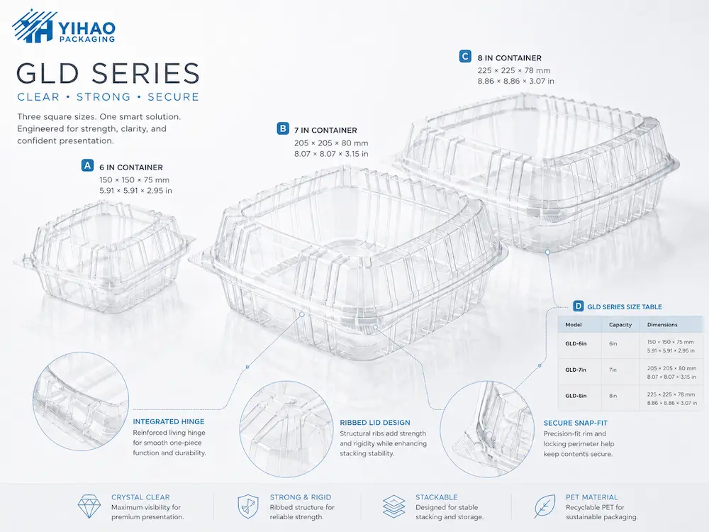 Produce Packaging Manufacturer: Buyer Guide for Food Packaging Teams 5 GLD series clear PET square clamshell containers with hinge ribbed lid and secure snap fit details