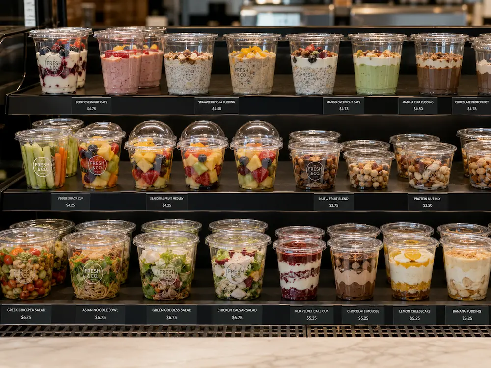 Clear grab-and-go cups and food containers for salads, fruit, yogurt, nuts, and chilled desserts in a retail display
