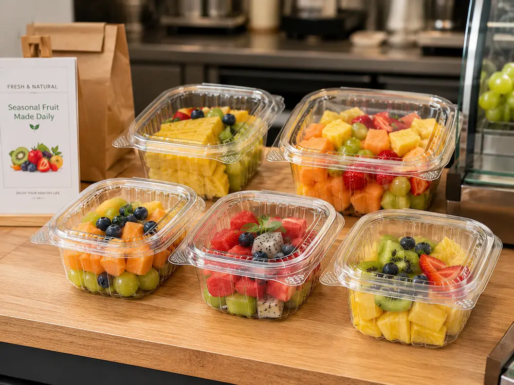 Ready-to-Eat Fruit Containers: Buyer Guide for Food Packaging Teams 3 Grab-and-go fruit containers with fresh mixed fruit displayed on a cafe counter