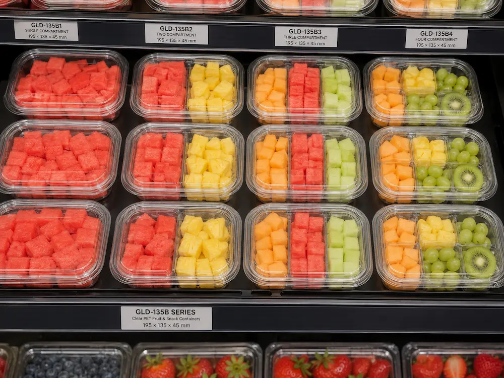 Wholesale Fruit Cup Packaging: Manufacturer and Supplier Checklist 3 Grab-and-go fruit cup packaging displayed in a refrigerated retail shelf with clear PET containers