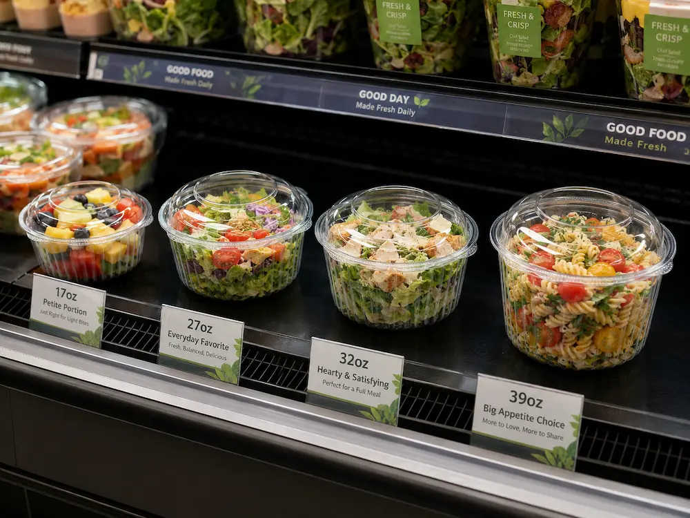 Grab-and-go salad containers displayed on supermarket refrigerated shelf