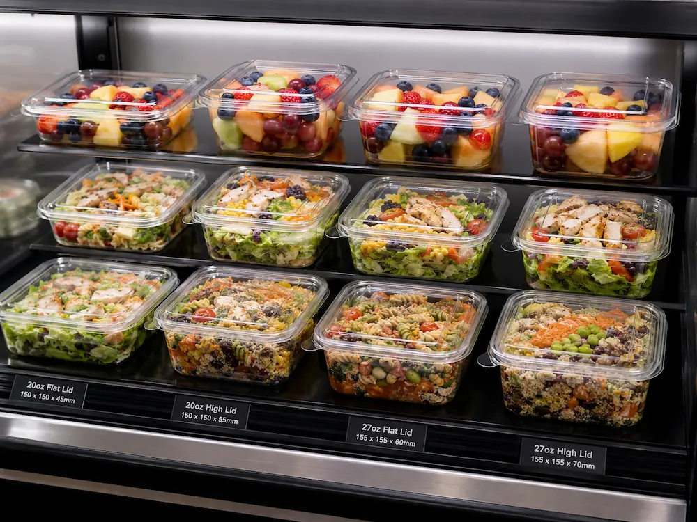 Grab-and-go salad containers displayed in a refrigerated supermarket case for chilled retail salads and fresh fruit