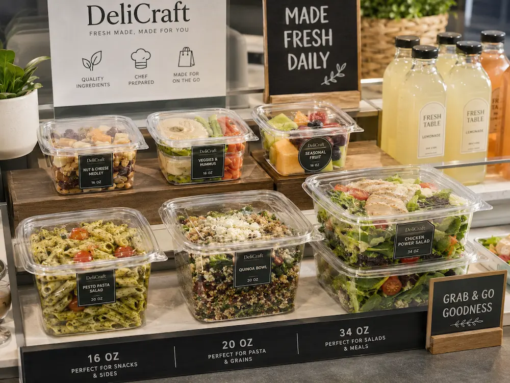 Grab-and-go square deli containers for cafe salads, fruit, hummus, pasta salad, and chilled prepared foods