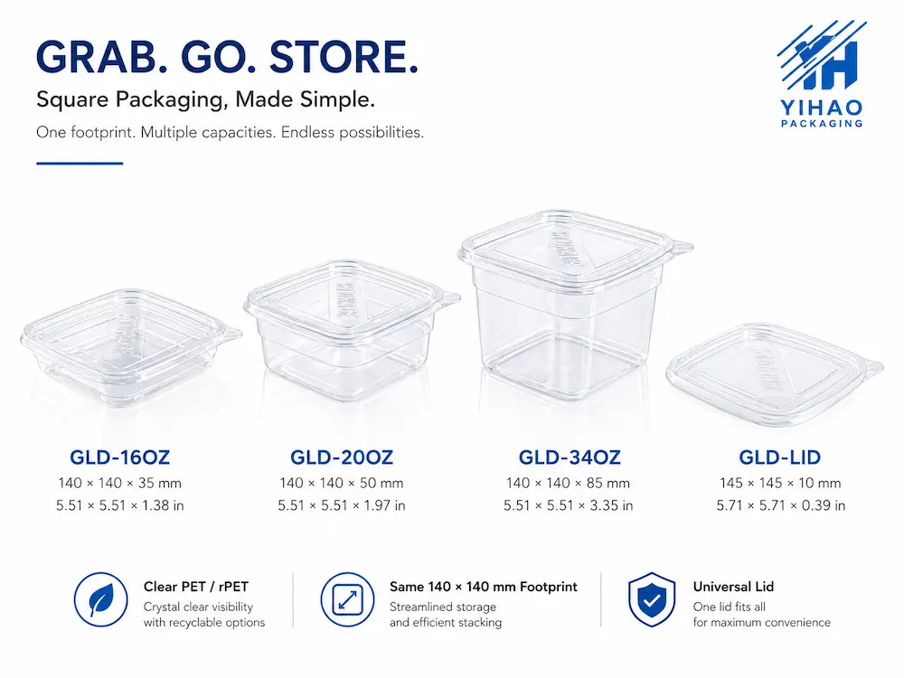 Grab-and-Go Square Packaging FAQ: Materials, Sizes, Uses, and Ordering Questions 1 Clear PET square packaging container series with 16 oz, 20 oz, 34 oz bases and universal lid