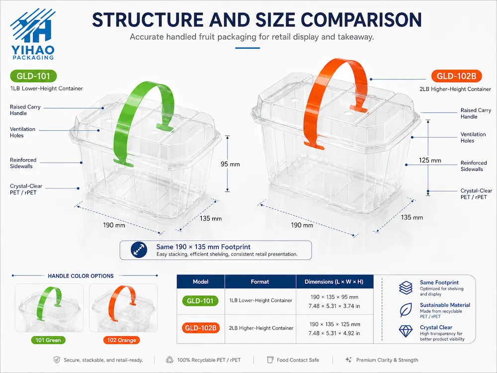 Structure and size comparison of clear handled fruit containers for supermarket retail display