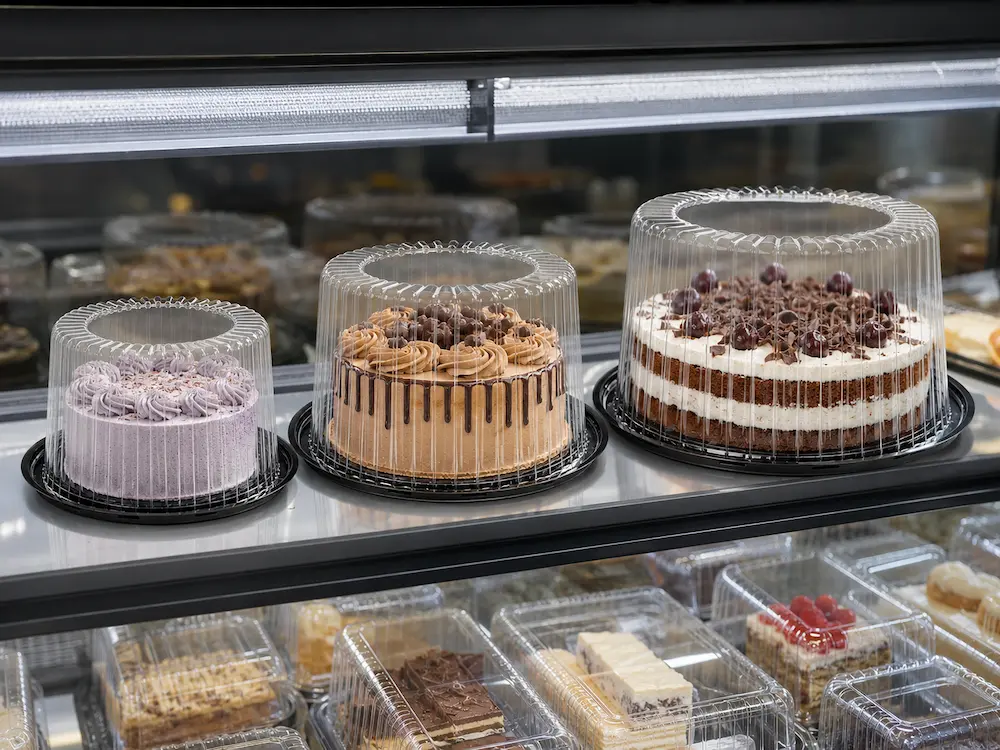 Cake Containers: Buyer Guide for Food Packaging Teams 5 Low dome and high dome clear PET cake containers protecting cakes in a chilled display case