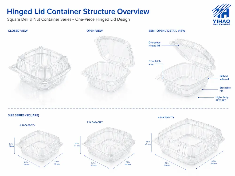 Best Nut Containers for Retail Display, Takeaway, and Chilled Food 2 Hinged lid nut container structure overview with closed, open, and semi-open clear PET container views