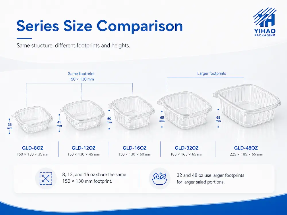 Size comparison of clear PET hinged salad containers with different footprints and heights