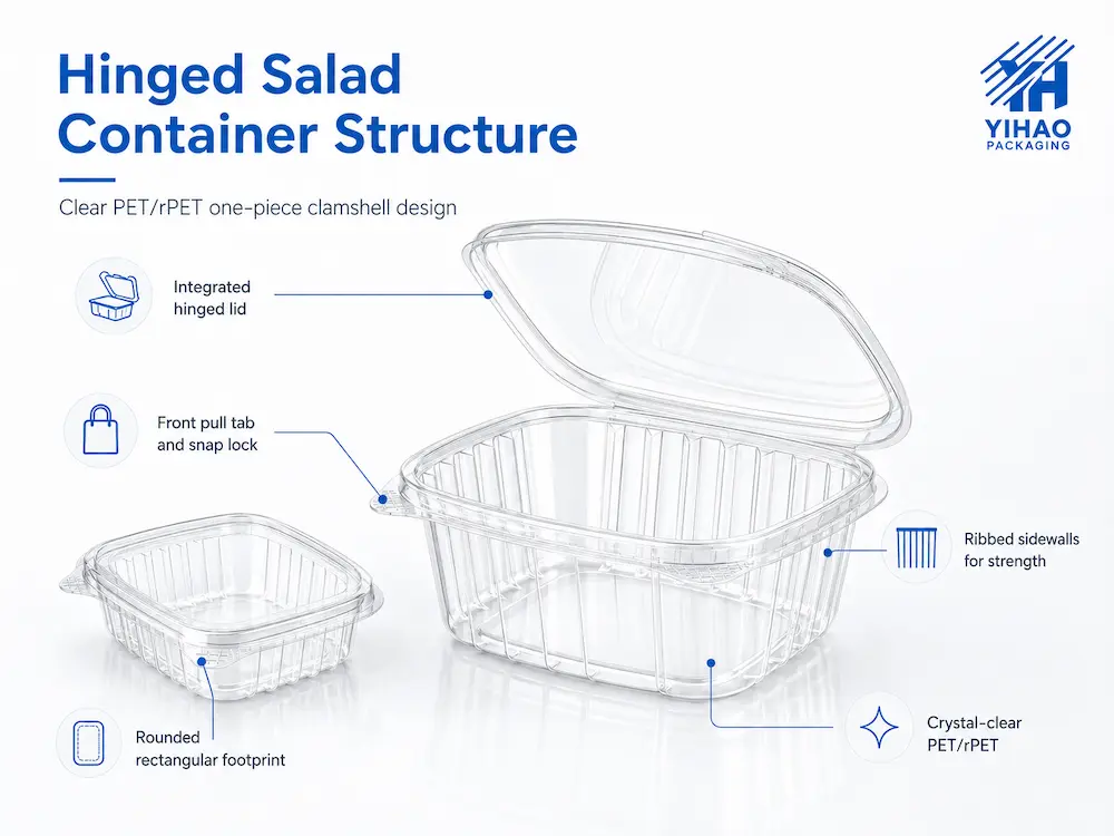 Hinged clear PET salad container structure with integrated lid, pull tab, snap lock, and ribbed sidewalls
