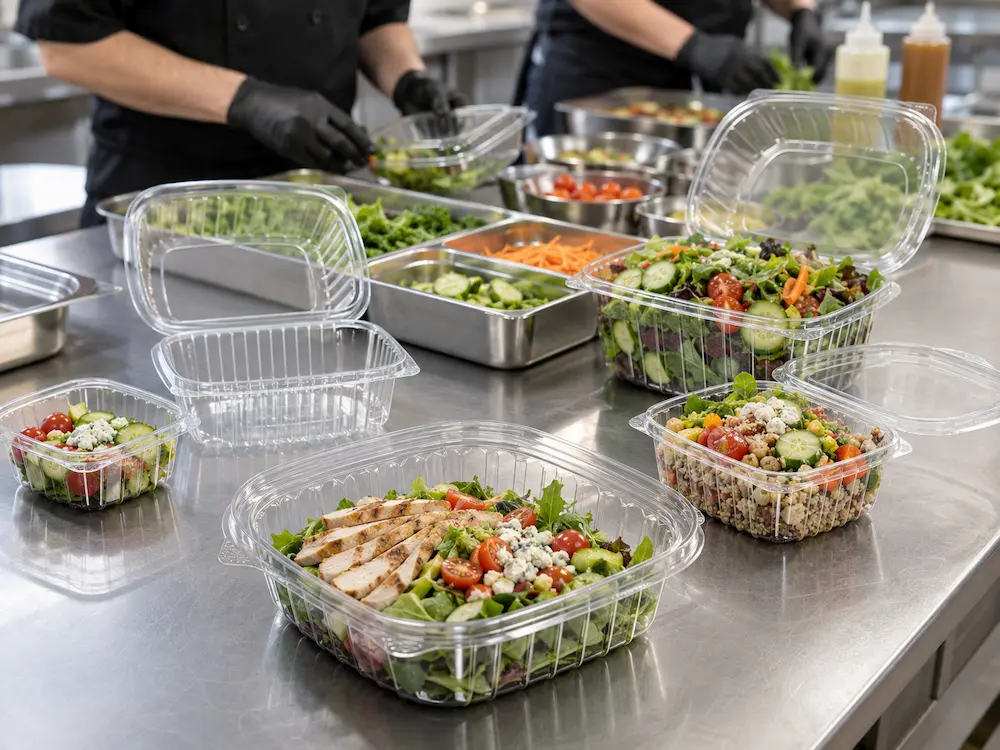 Salad Packaging Containers: Buyer Guide for Food Packaging Teams 2 Clear hinged salad containers used in a commercial food preparation kitchen