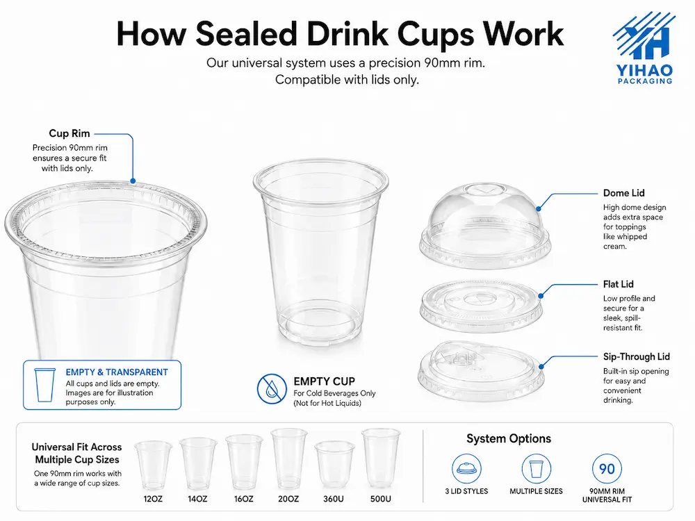 Sealed Drink Cups FAQ: Materials, Sizes, Uses, and Ordering Questions 3 How sealed drink cups work with precision rim, dome lid, flat lid, and sip-through lid options