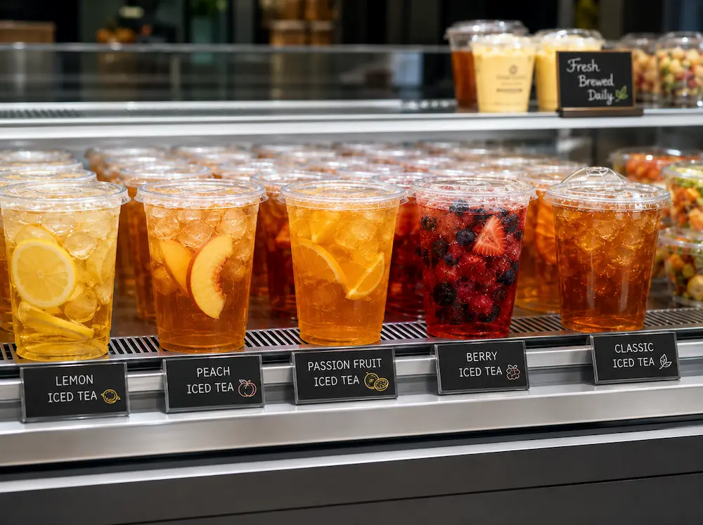 Iced Tea Cups FAQ: Materials, Sizes, Uses, and Ordering Questions 2 Clear iced tea cups displayed with lemon iced tea, peach iced tea, berry iced tea, and classic iced tea