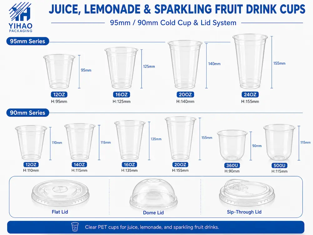 Juice, Lemonade, and Sparkling Fruit Drink Cups Complete Guide 5 Juice lemonade and sparkling fruit drink cup size guide with 90mm and 95mm PET cup lid systems