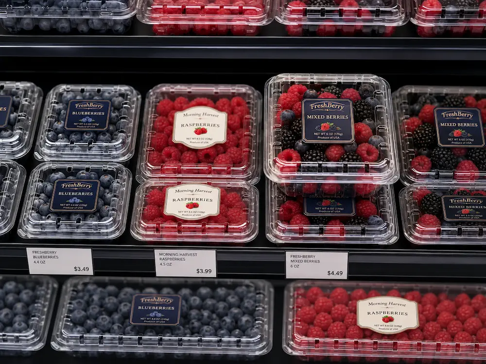 Wholesale Airflow Clamshell Packaging: Manufacturer and Supplier Checklist 4 Labeled berry clamshell containers for chilled retail display testing