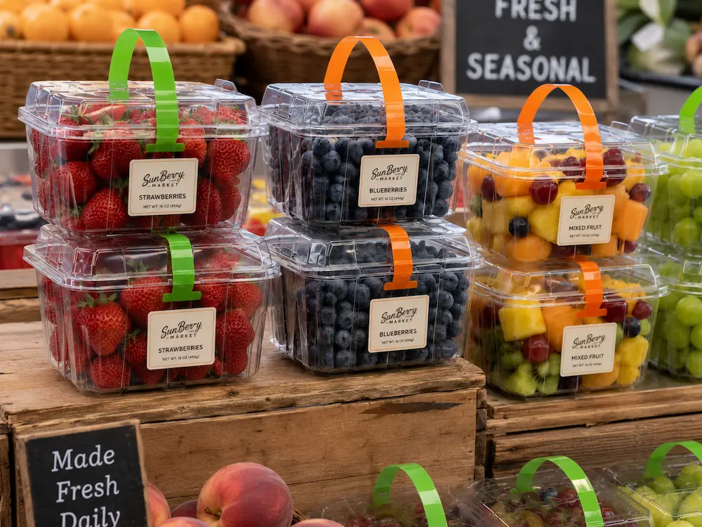 Clear fruit containers with front labels for strawberries, blueberries, mixed fruit, and grapes