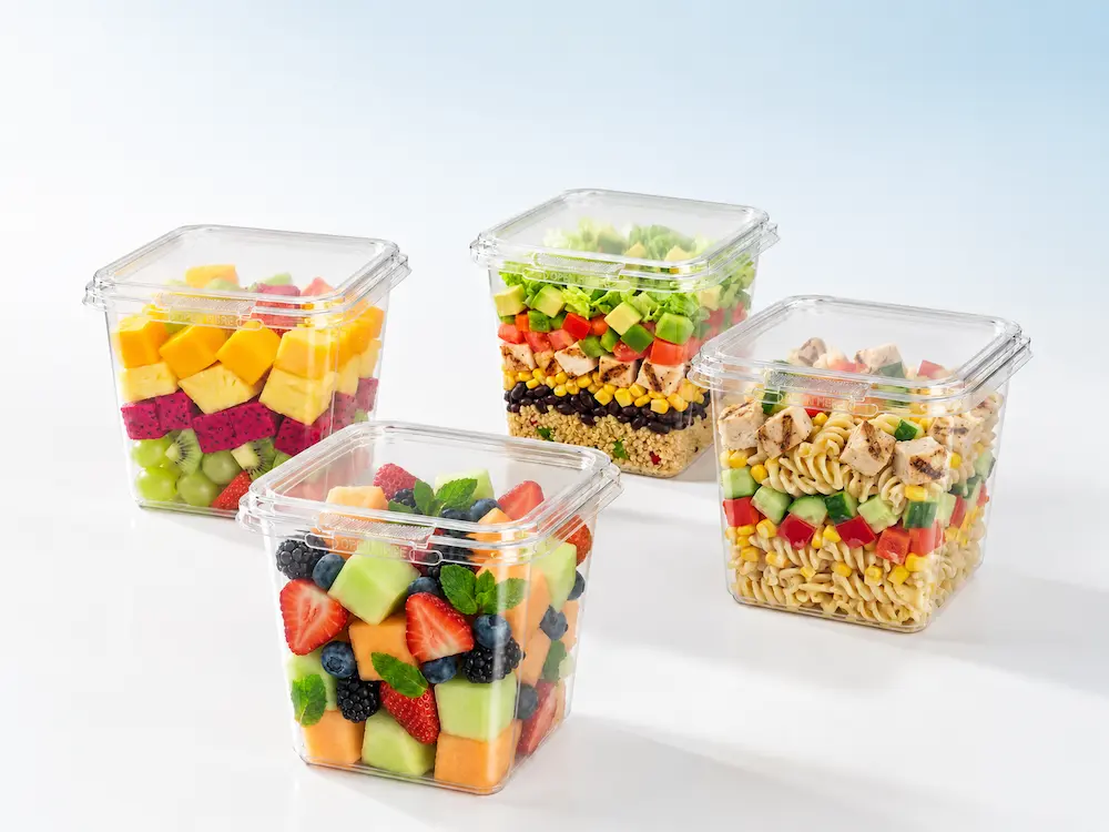 Large clear PET square containers with flat lids for fruit salad, pasta salad, layered meals, and fresh deli packaging