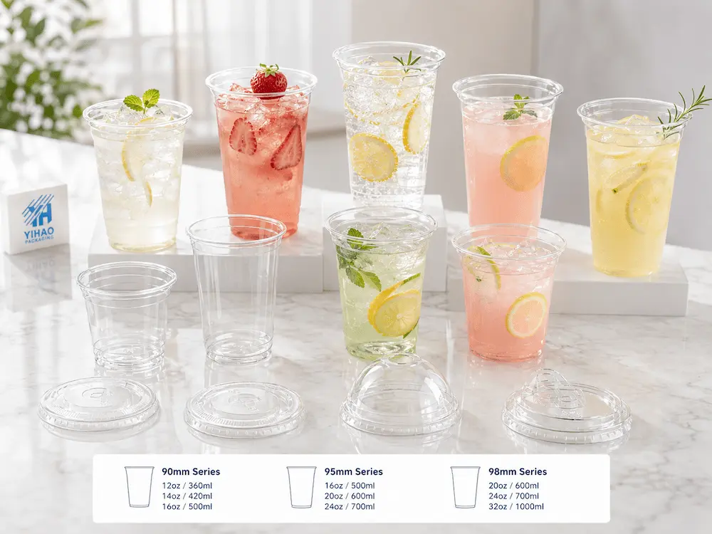 Lemonade Cups: Buyer Guide for Food Packaging Teams 1 Lemonade cup series overview with 90mm 95mm and 98mm clear cold cup options