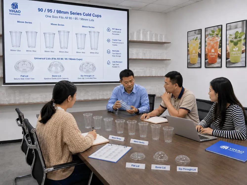 Lemonade Cups: Buyer Guide for Food Packaging Teams 6 Packaging team reviewing clear lemonade cup samples and lid compatibility