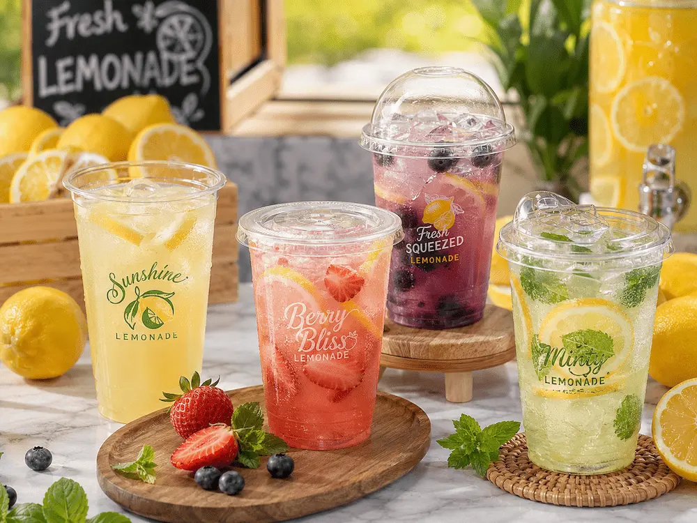 Clear lemonade cups with flat dome and sip-through lids for cold beverage packaging